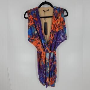 Black Halo Multicolor Silk V Neck Wide Sleeve Mini Dress S